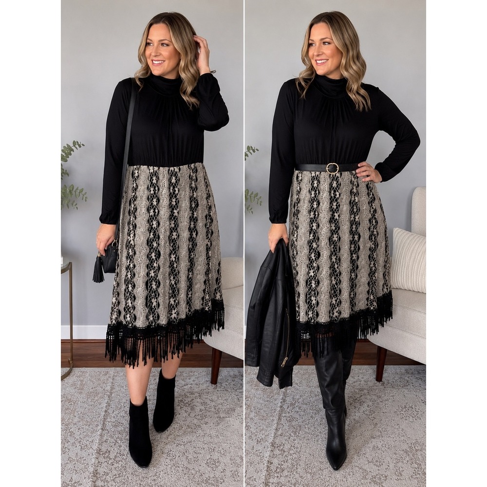 Amitie Black Turtleneck Mixed Media Lace Fringe Midi Dress Size Large